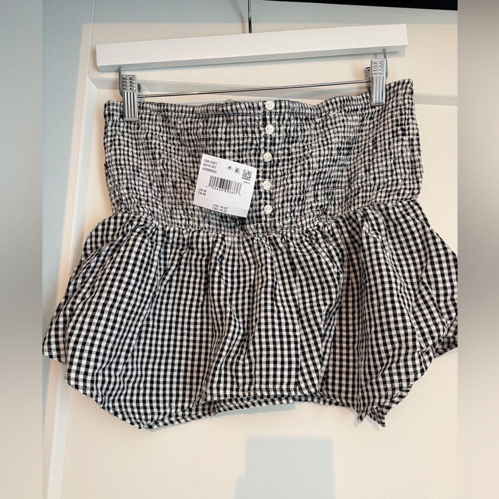 NWT American Eagle Black & White Gingham Button-Front Smocked Peplum Tube Top